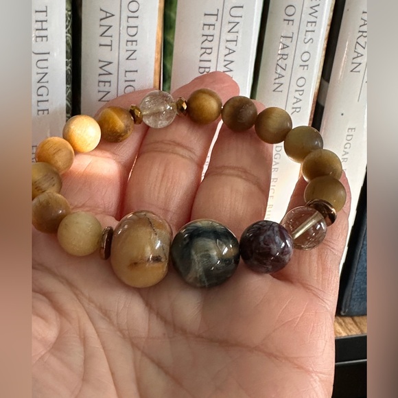 YELLOW TIGERS EYE + PIETERSITE + GOLD RUTILATED NATURAL STONES BRACELET size 7” - Picture 7 of 10
